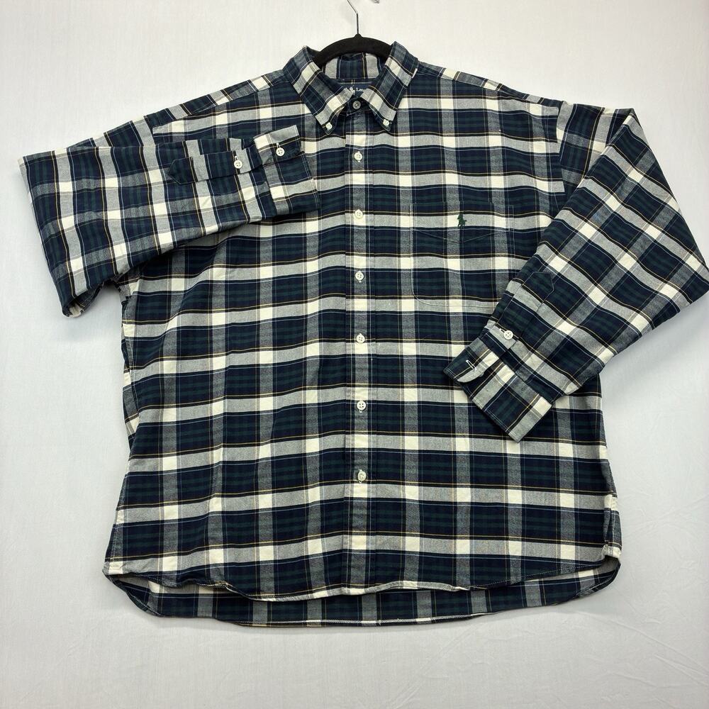 Vintage Ralph Lauren Big Shirt Men’s XL Navy Green Plaid Button Down Cotton 90s